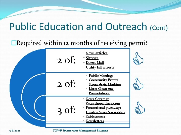Public Education and Outreach (Cont) �Required within 12 months of receiving permit 2 of: