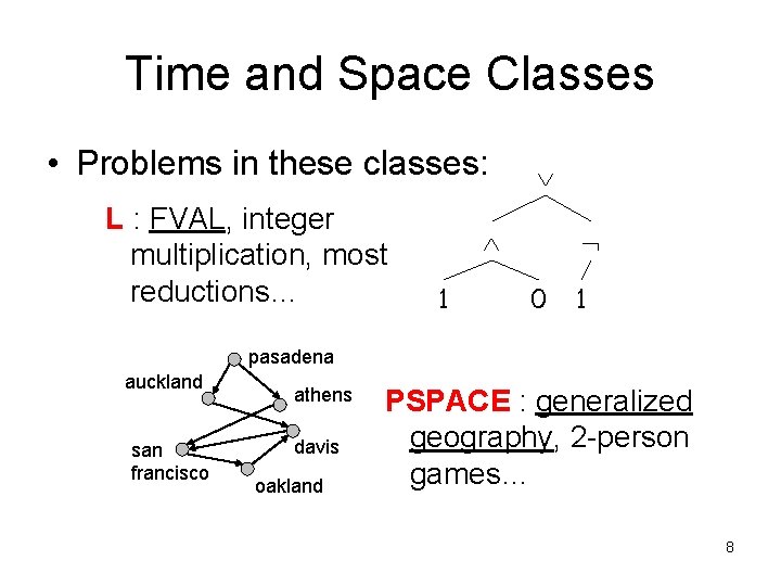 Time and Space Classes • Problems in these classes: L : FVAL, integer multiplication,
