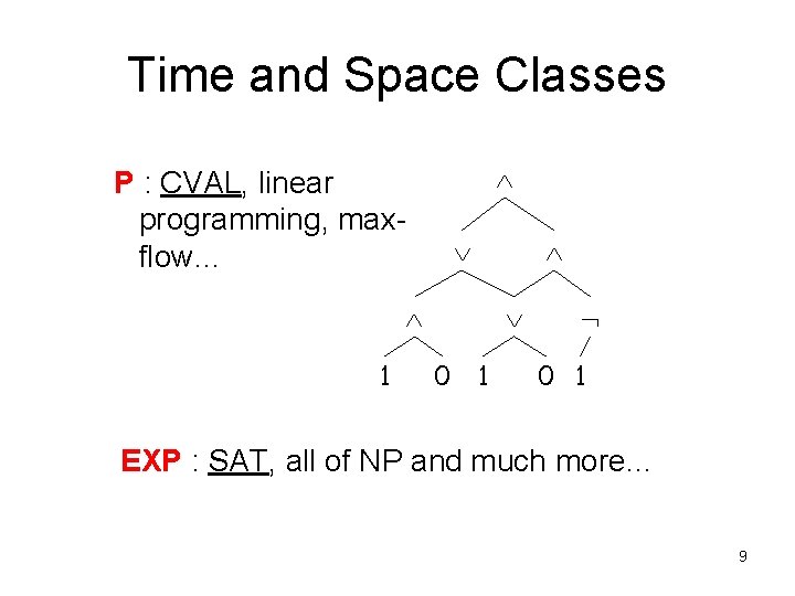 Time and Space Classes P : CVAL, linear programming, maxflow… 1 0 1 EXP