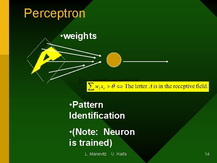 Perceptron • weights • Pattern Identification • (Note: Neuron is trained) L. Manevitz U. Perceptron • weights • Pattern Identification • (Note: Neuron is trained) L. Manevitz U.
