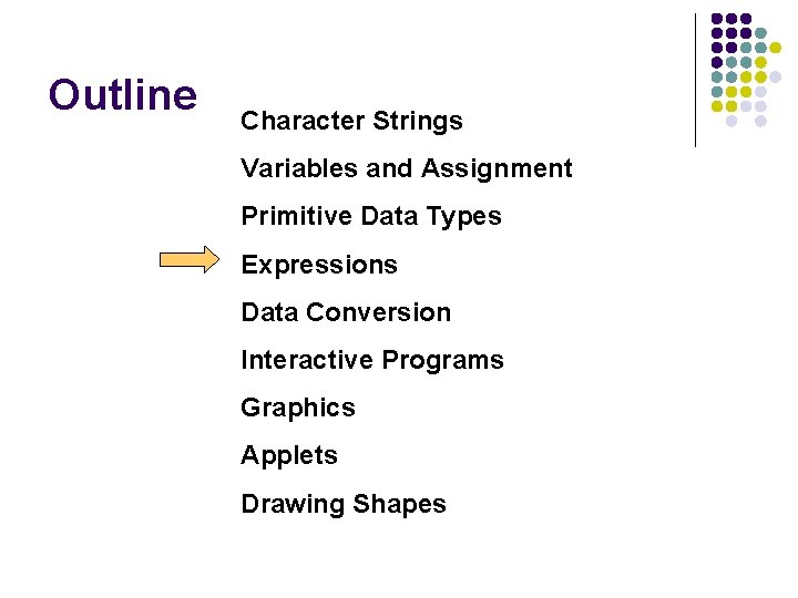 Outline Character Strings Variables and Assignment Primitive Data Types Expressions Data Conversion Interactive Programs