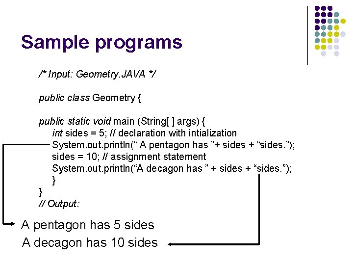 Sample programs /* Input: Geometry. JAVA */ public class Geometry { public static void