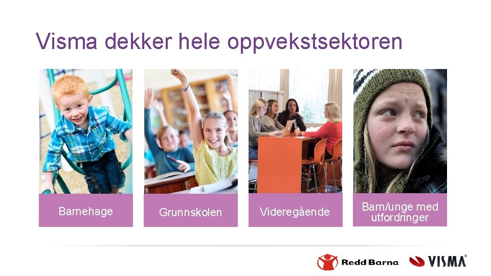 Visma dekker hele oppvekstsektoren Barnehage Grunnskolen Videregående Barn/unge med utfordringer 