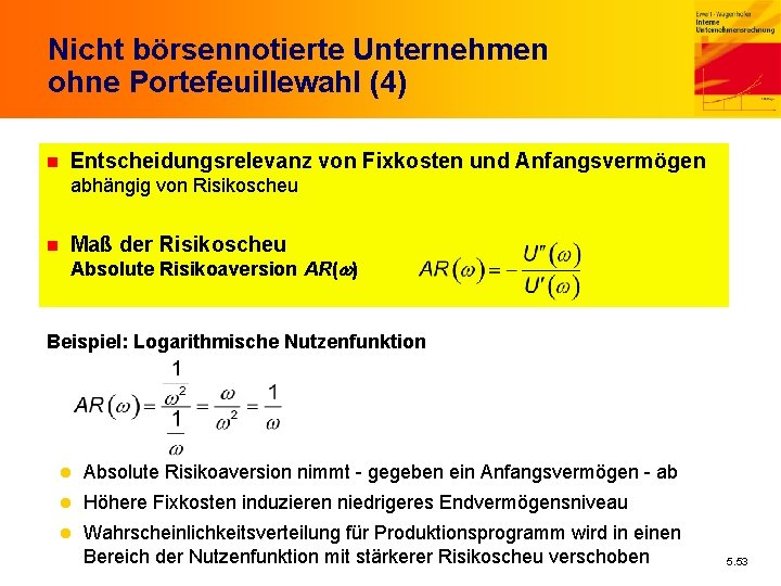 Nicht börsennotierte Unternehmen ohne Portefeuillewahl (4) n Entscheidungsrelevanz von Fixkosten und Anfangsvermögen abhängig von