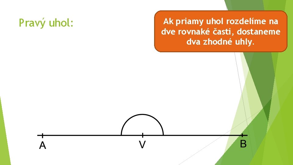 Pravý uhol: Ak priamy uhol rozdelíme na dve rovnaké časti, dostaneme dva zhodné uhly.