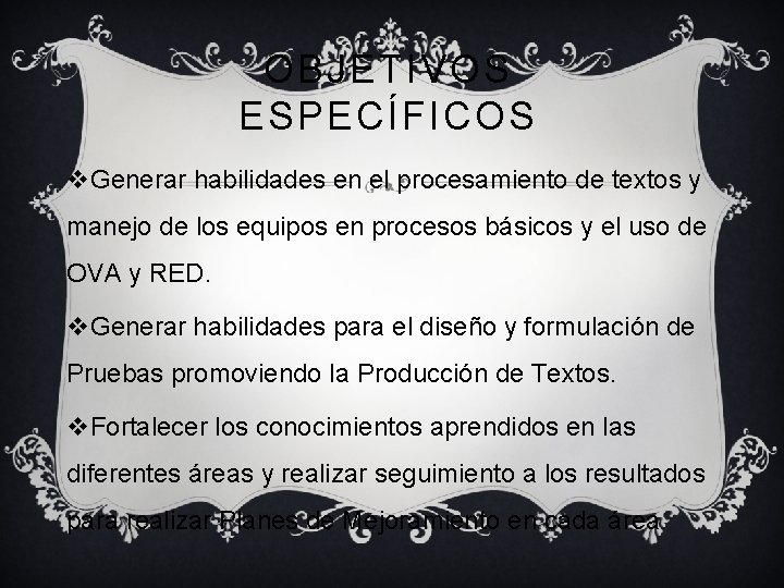 OBJETIVOS ESPECÍFICOS v. Generar habilidades en el procesamiento de textos y manejo de los