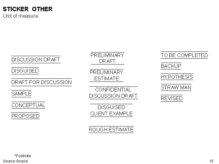 STICKER OTHER Unit of measure DISCUSSION DRAFT DISGUISED DRAFT FOR DISCUSSION SAMPLE CONCEPTUAL PROPOSED