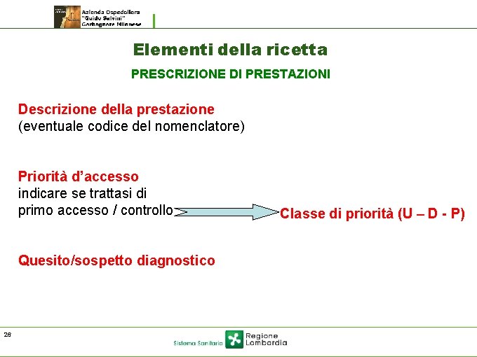 Elementi della ricetta PRESCRIZIONE DI PRESTAZIONI Descrizione della prestazione (eventuale codice del nomenclatore) Priorità Elementi della ricetta PRESCRIZIONE DI PRESTAZIONI Descrizione della prestazione (eventuale codice del nomenclatore) Priorità