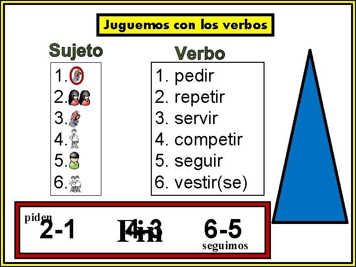 Juguemos con los verbos 1. 2. 3. 4. 5. 6. piden 2 -1 1.