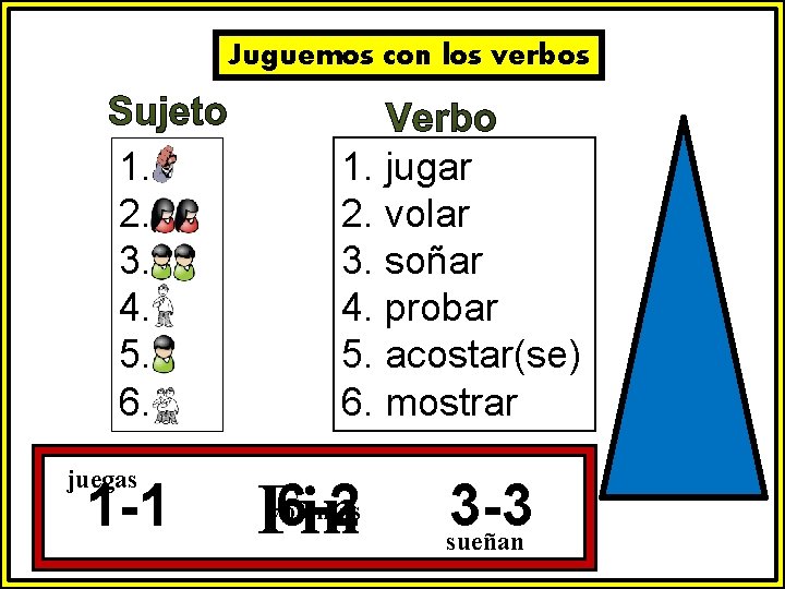 Juguemos con los verbos 1. 2. 3. 4. 5. 6. juegas 1 -1 1.