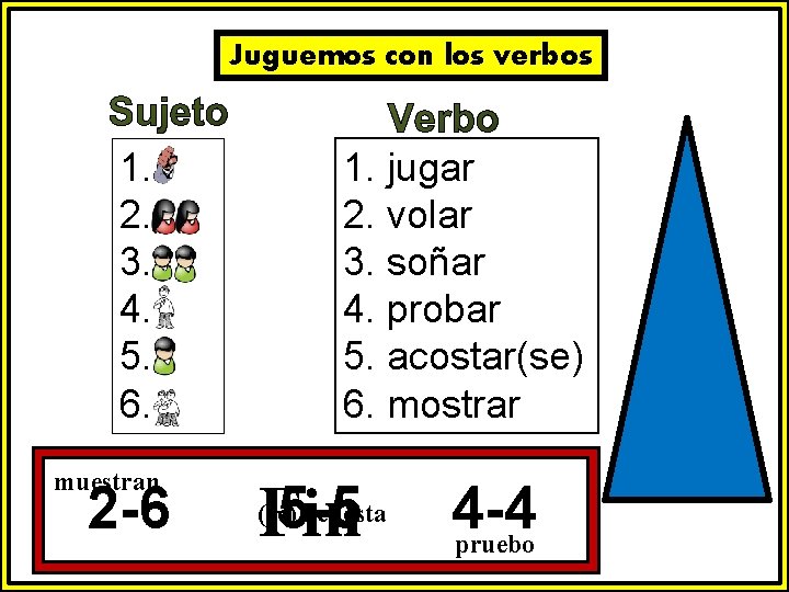 Juguemos con los verbos 1. 2. 3. 4. 5. 6. muestran 2 -6 1.