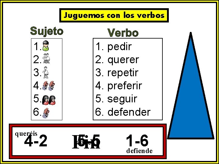 Juguemos con los verbos 1. 2. 3. 4. 5. 6. queréis 4 -2 1.