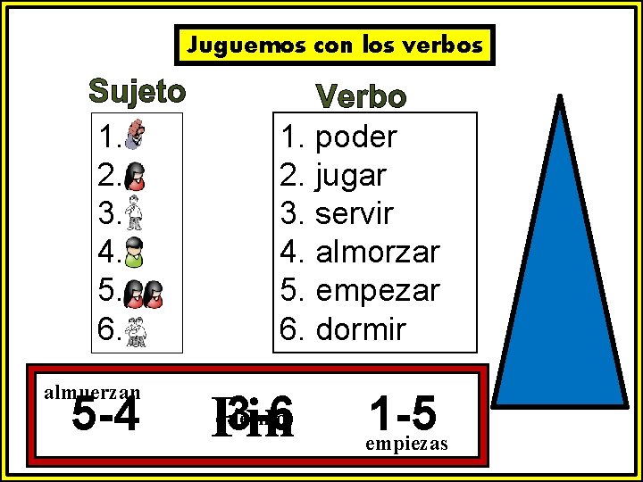 Juguemos con los verbos 1. 2. 3. 4. 5. 6. almuerzan 5 -4 1.