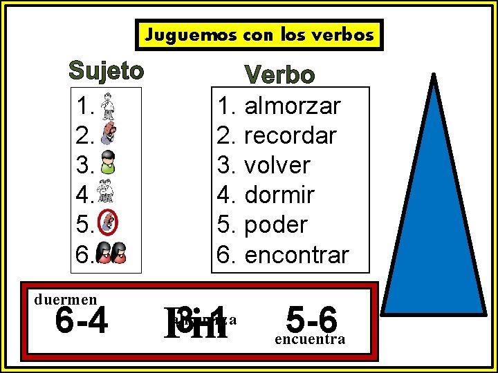 Juguemos con los verbos 1. 2. 3. 4. 5. 6. duermen 6 -4 1.