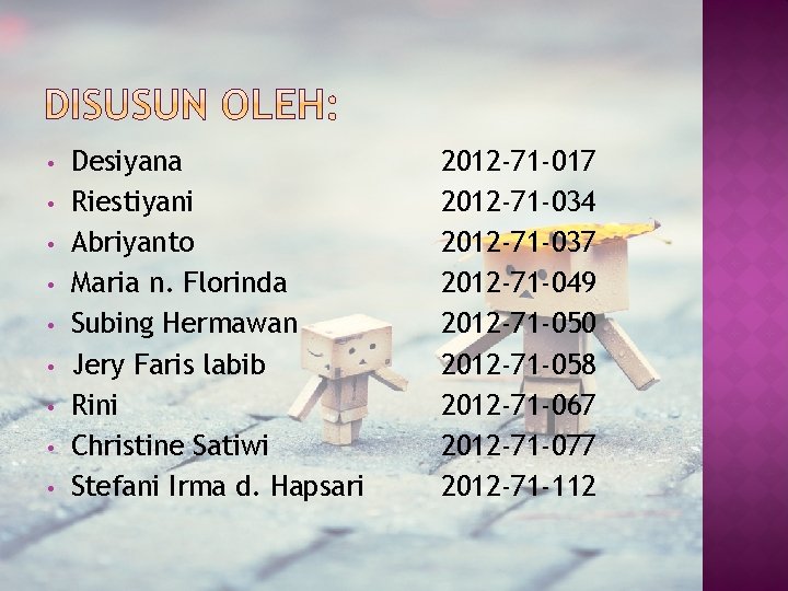  • • • Desiyana Riestiyani Abriyanto Maria n. Florinda Subing Hermawan Jery Faris