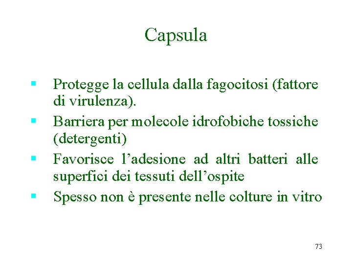 Capsula § Protegge la cellula dalla fagocitosi (fattore di virulenza). § Barriera per molecole