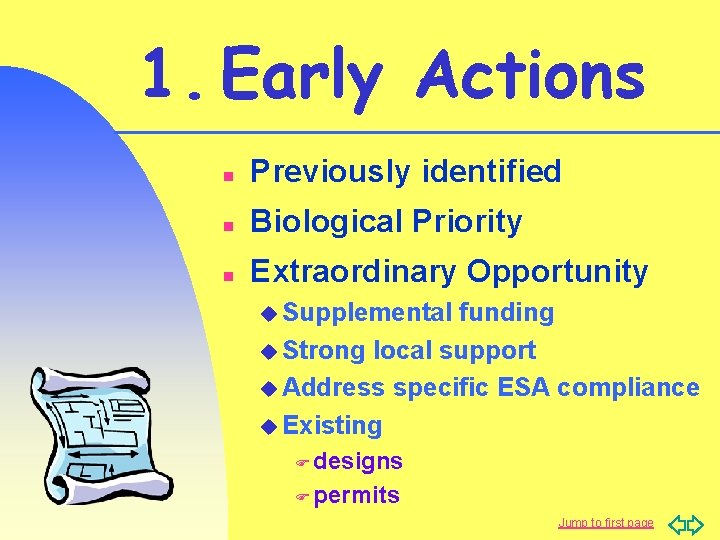 1. Early Actions n Previously identified n Biological Priority n Extraordinary Opportunity u Supplemental