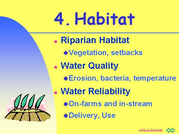 4. Habitat n Riparian Habitat u. Vegetation, n Water Quality u. Erosion, n setbacks