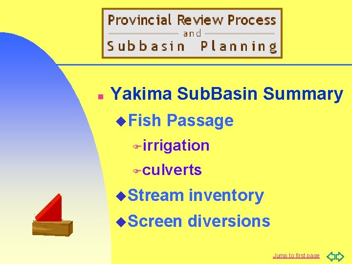 n Yakima Sub. Basin Summary u. Fish Passage Firrigation Fculverts u. Stream inventory u.