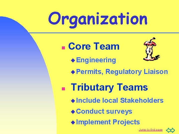 Organization n Core Team u Engineering u Permits, n Regulatory Liaison Tributary Teams u