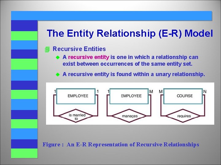 The Entity Relationship (E-R) Model 4 Recursive Entities u A recursive entity is one