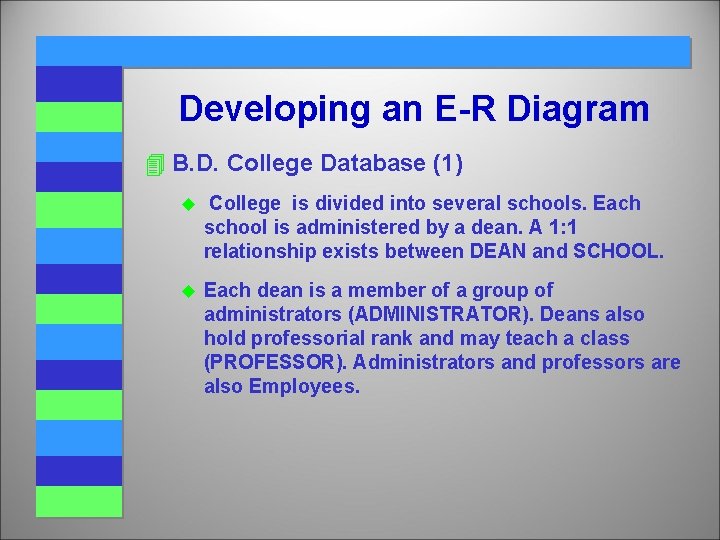 Developing an E-R Diagram 4 B. D. College Database (1) u College is divided