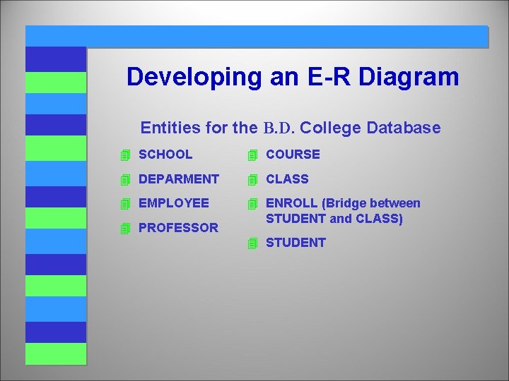 Developing an E-R Diagram Entities for the B. D. College Database 4 SCHOOL 4 Developing an E-R Diagram Entities for the B. D. College Database 4 SCHOOL 4