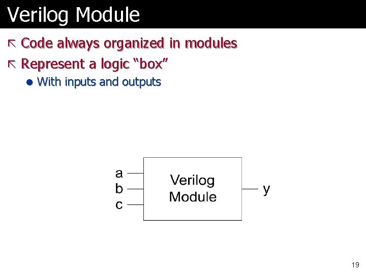 Verilog Module ã Code always organized in modules ã Represent a logic “box” l