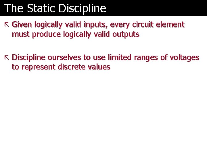 The Static Discipline ã Given logically valid inputs, every circuit element must produce logically