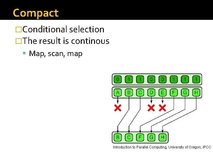 Compact �Conditional selection �The result is continous Map, scan, map Introduction to Parallel Computing,