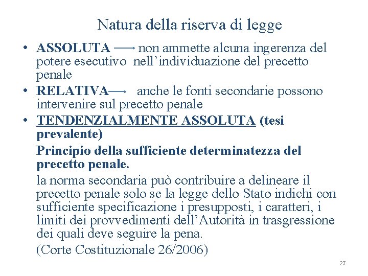 Natura della riserva di legge • ASSOLUTA non ammette alcuna ingerenza del potere esecutivo