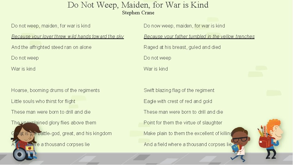 Do Not Weep, Maiden, for War is Kind Stephen Crane Do not weep, maiden,