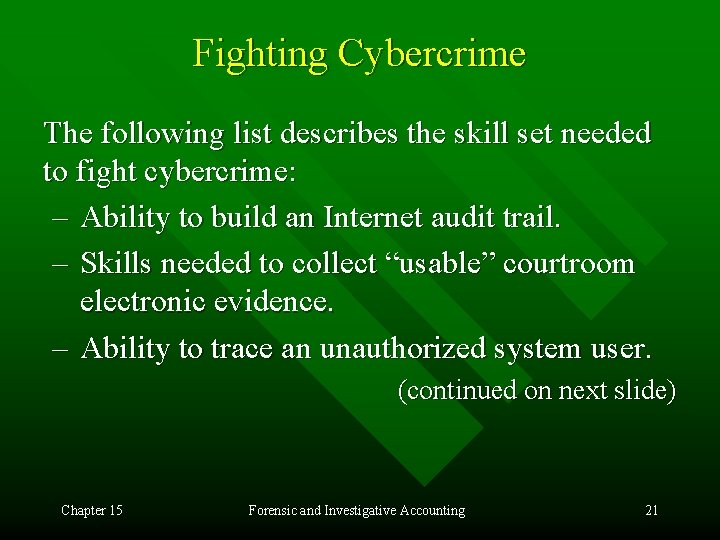 Fighting Cybercrime The following list describes the skill set needed to fight cybercrime: –