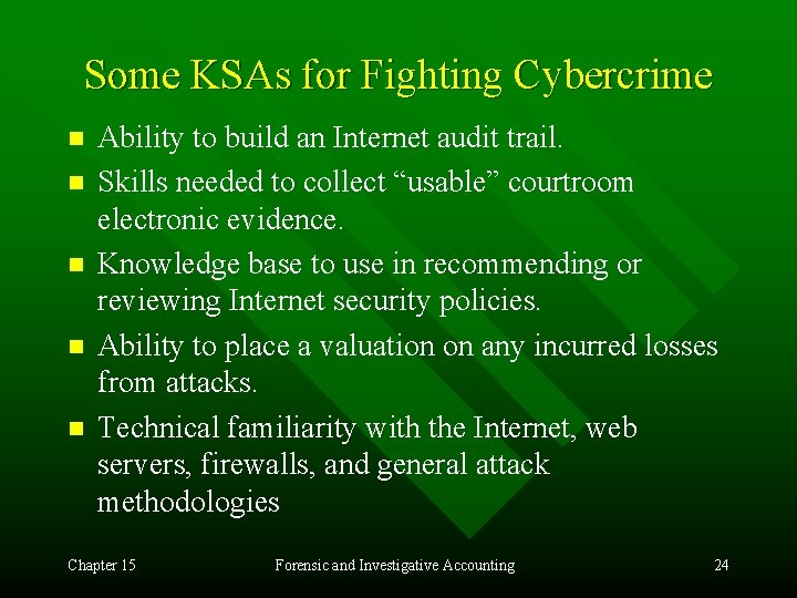 Some KSAs for Fighting Cybercrime n n n Ability to build an Internet audit