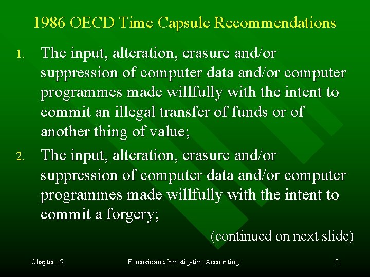 1986 OECD Time Capsule Recommendations 1. 2. The input, alteration, erasure and/or suppression of