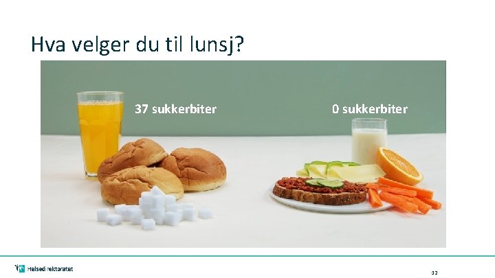 Hva velger du til lunsj? 37 sukkerbiter 0 sukkerbiter 12 