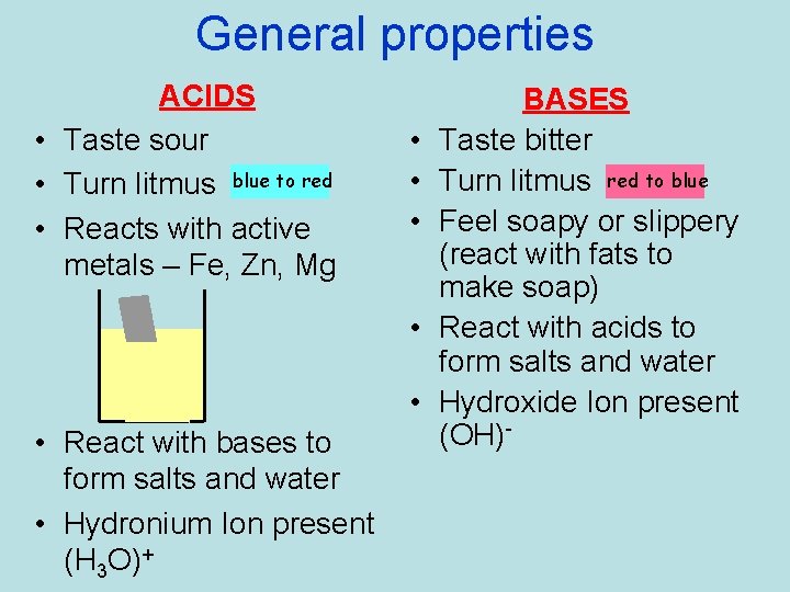 General properties ACIDS • Taste sour • Turn litmus blue to red • Reacts