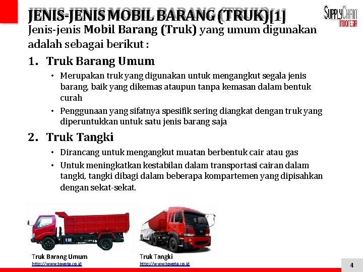 JENIS-JENIS MOBIL BARANG (TRUK)[1] Jenis-jenis Mobil Barang (Truk) yang umum digunakan adalah sebagai berikut