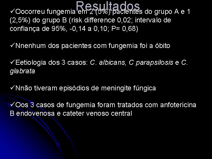 Resultados üOocorreu fungemia em 2 (5%) pacientes do grupo A e 1 (2, 5%)