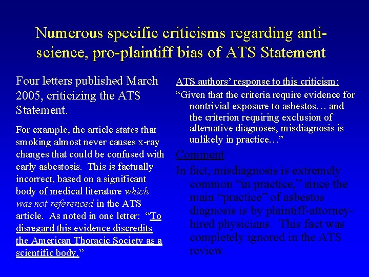 Numerous specific criticisms regarding antiscience, pro-plaintiff bias of ATS Statement Four letters published March