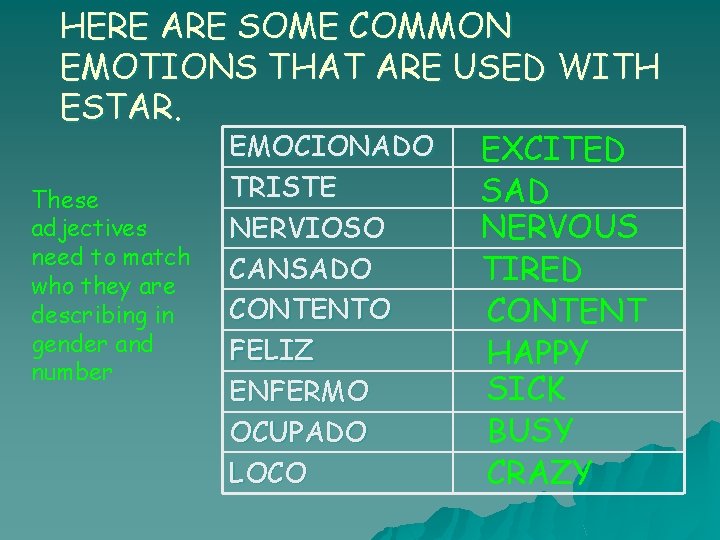 HERE ARE SOME COMMON EMOTIONS THAT ARE USED WITH ESTAR. These adjectives need to HERE ARE SOME COMMON EMOTIONS THAT ARE USED WITH ESTAR. These adjectives need to