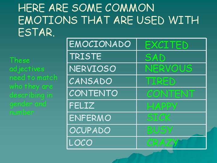 HERE ARE SOME COMMON EMOTIONS THAT ARE USED WITH ESTAR. These adjectives need to