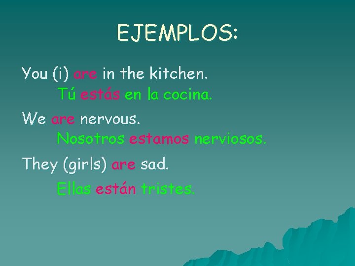 EJEMPLOS: You (i) are in the kitchen. Tú estás en la cocina. We are