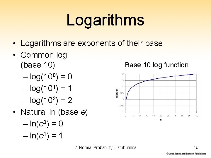 Logarithms • Logarithms are exponents of their base • Common log Base 10 log