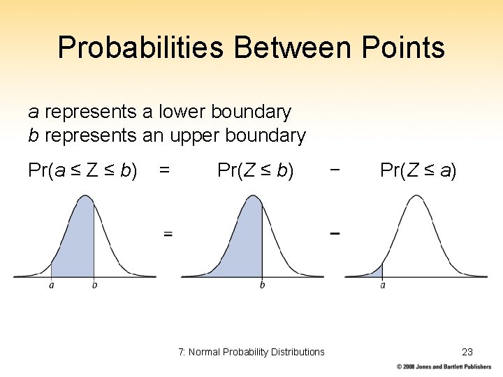Probabilities Between Points a represents a lower boundary b represents an upper boundary Pr(a