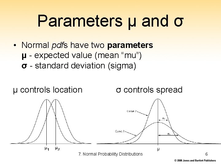 Parameters μ and σ • Normal pdfs have two parameters μ - expected value