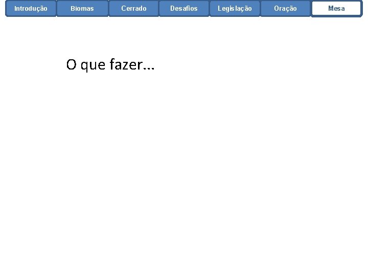 Introdução Biomas Cerrado O que fazer. . . Desafios Legislação Oração Mesa 