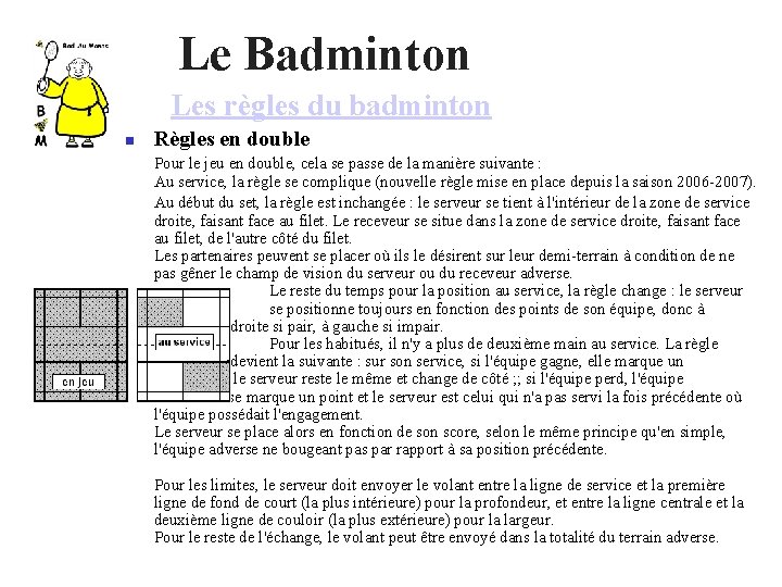  Le Badminton Les règles du badminton Règles en double Pour le jeu en