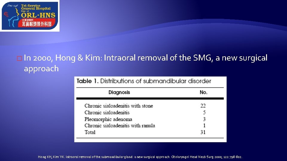 � In 2000, Hong & Kim: Intraoral removal of the SMG, a new surgical