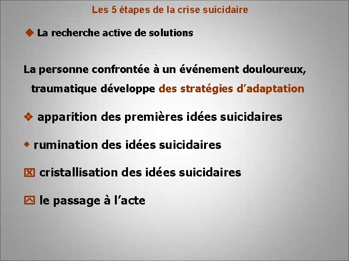 Les 5 étapes de la crise suicidaire La recherche active de solutions La personne